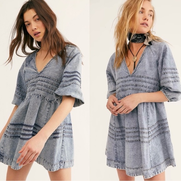 FREE PEOPLE SWEET SURRENDER DENIM MINI DRESS - Picture 1 of 9
